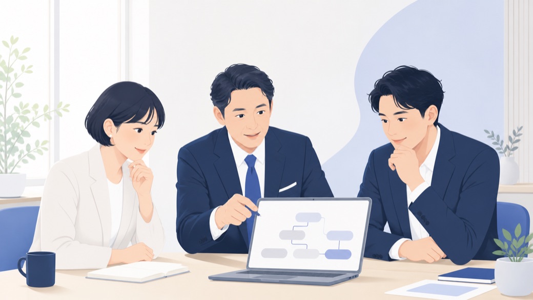オフィスで担当者が業務の進め方を相談している様子
