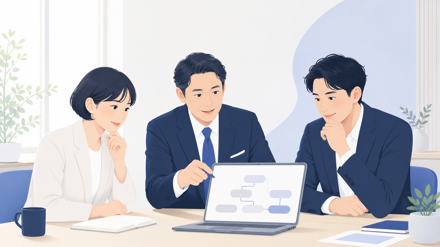 オフィスで担当者が業務の進め方を相談している様子